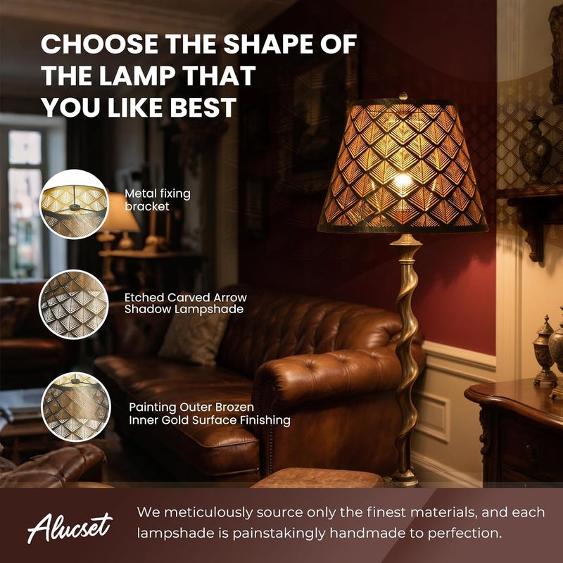 ALUCSET Small Barrel Lamp Shade, Metal Etched Arrow Lampshade Replacement for Table Lamps and Wall Lights, 6'' Top 10'' Bottom 7.5'' Height, Antique Bronze Exterior Gold Interior - Image 2